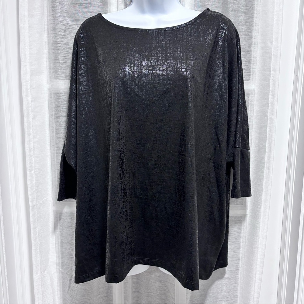 Alembika Black Embossed Shimmer Print Boxy Dolman Sleeve Short Sleeve Top Small